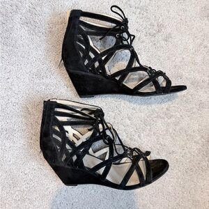 Black Suede Lace-Up Wedge Sandals – Size 7.5M